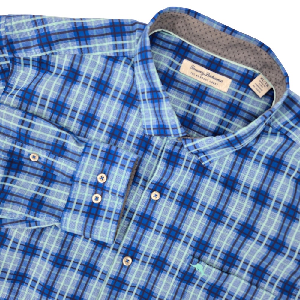 Tommy‎ Bahama XL Button Down Shirt Mens Blue Plaid Long Sleeve Coast Pima Cotton